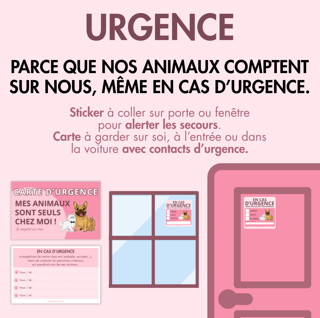 Carte urgence animaux à domicile, contact à prévenir en cas d'accident, beige